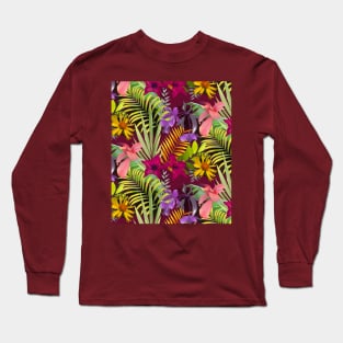 Elegant tropical flowers and leaves pattern floral illustration, red tropical pattern over a Long Sleeve T-Shirt